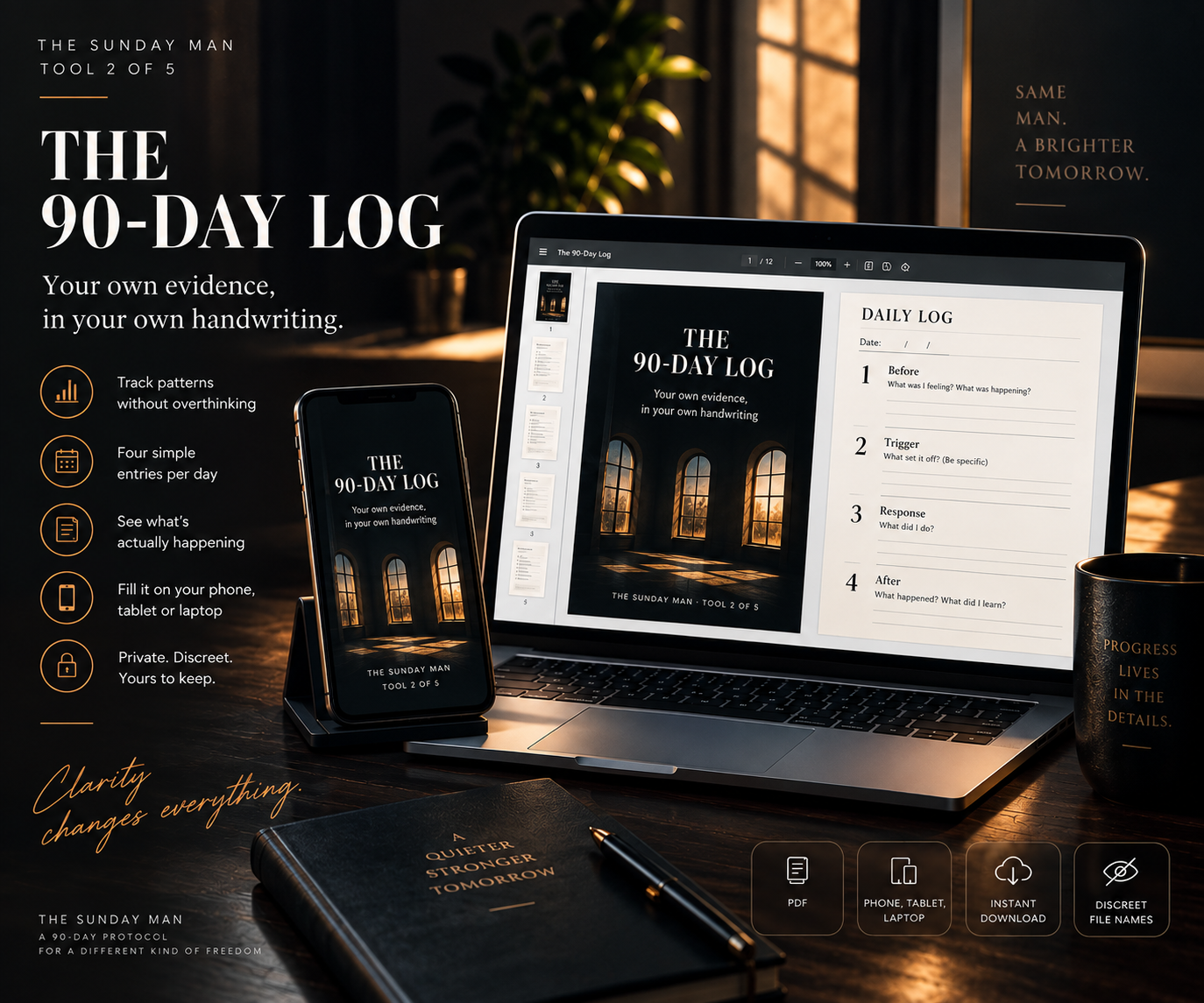 The 90-Day Log digital tool displayed on a laptop and phone