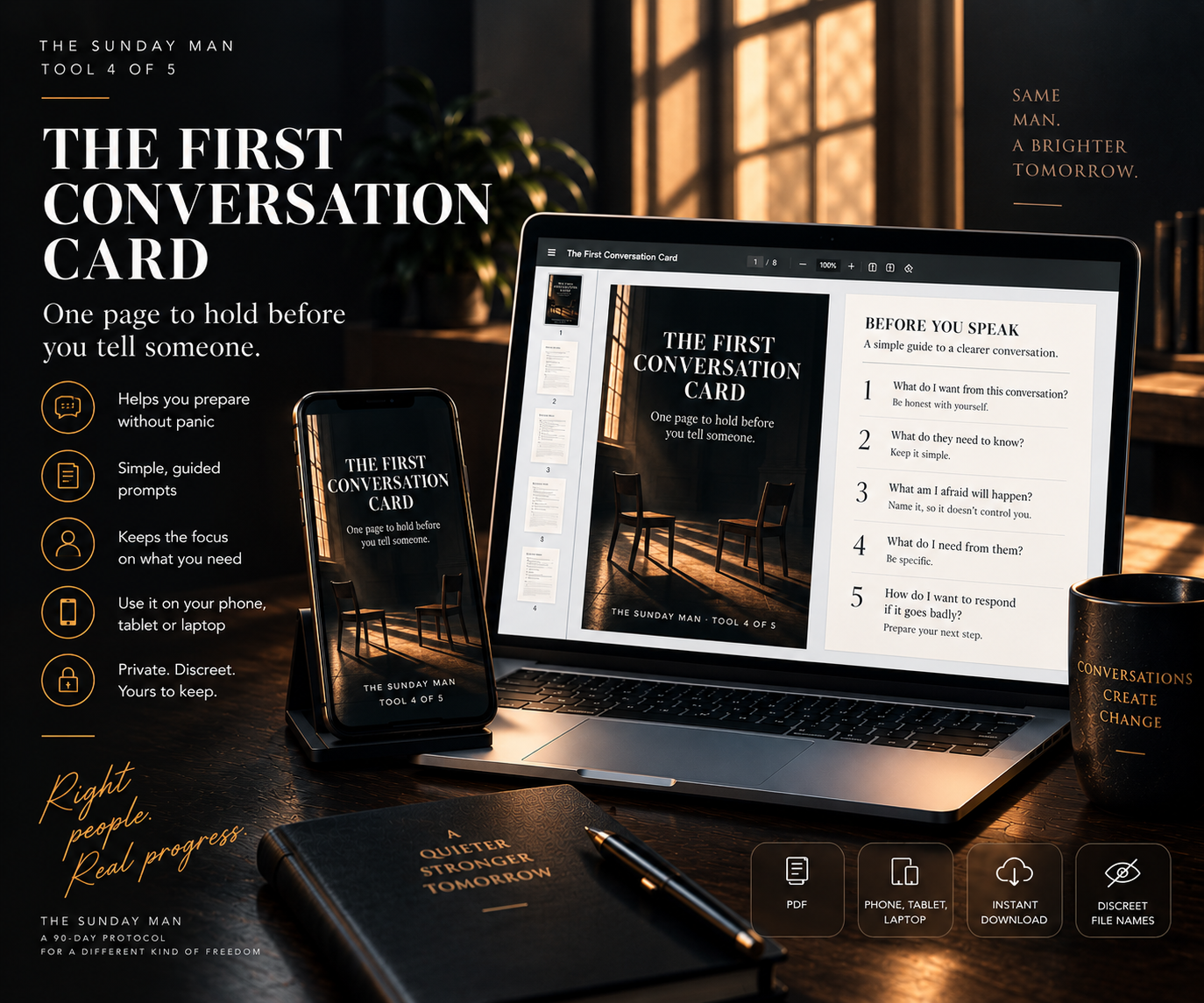 The First Conversation Card digital tool displayed on a laptop and phone