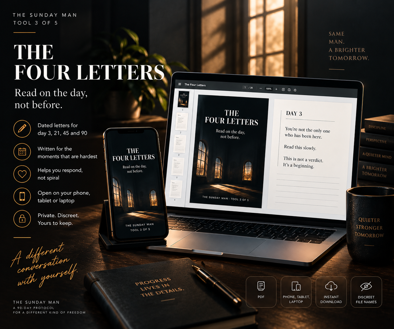 The Four Letters digital tool displayed on a laptop and phone